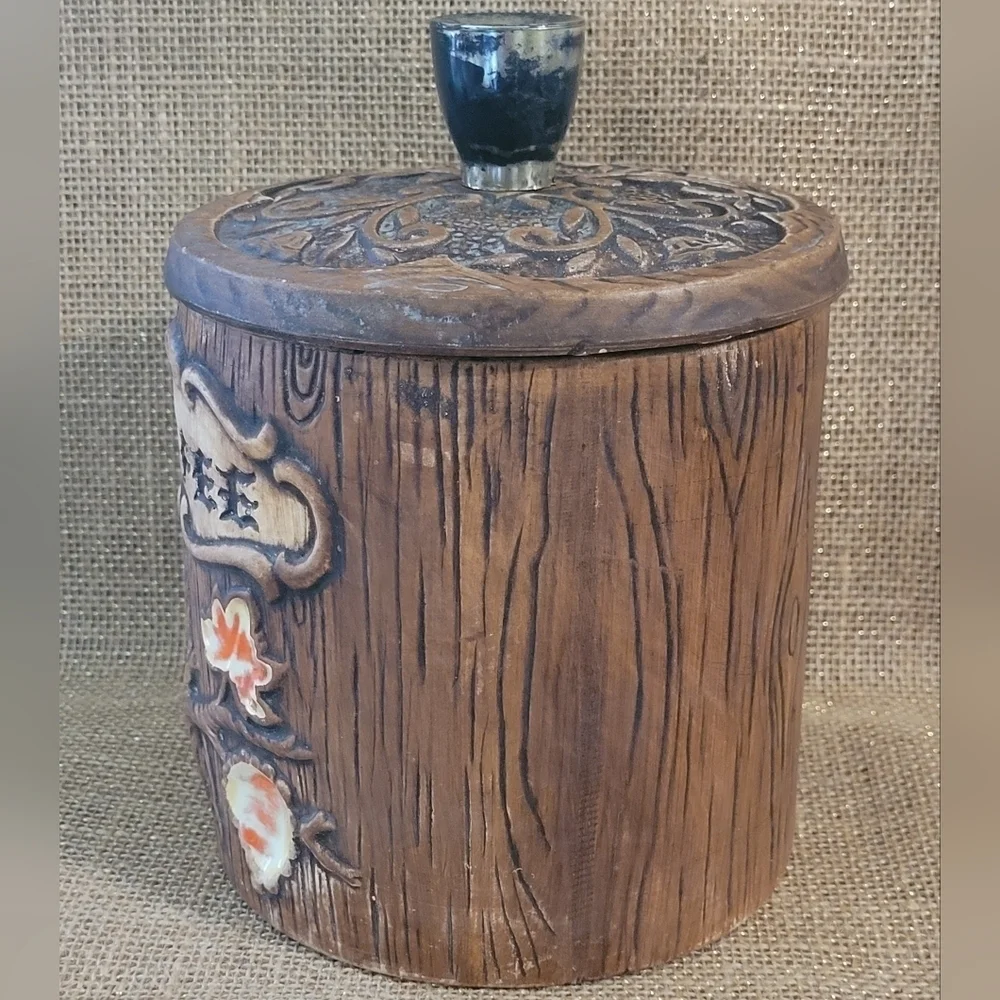 Vintage Treasure Craft Coffee Canister Faux Bois Wood Look Ceramic Tree & Leaves